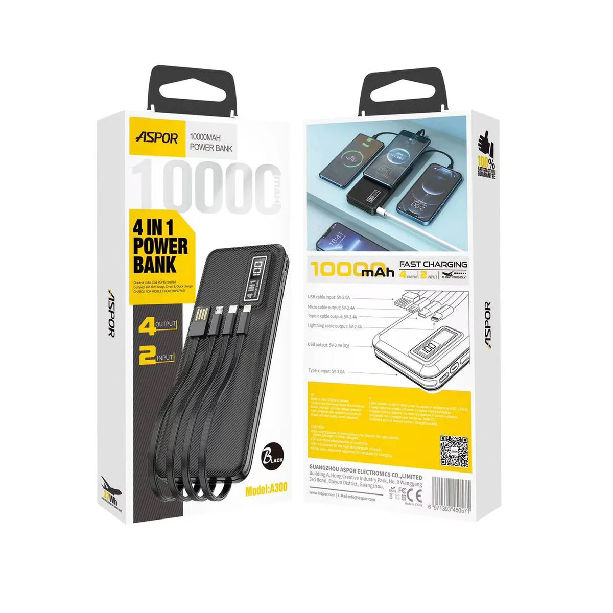 Aspor A300 Power Bank Original 10000mah Li-polymer Battery 4 In1 Power Bank