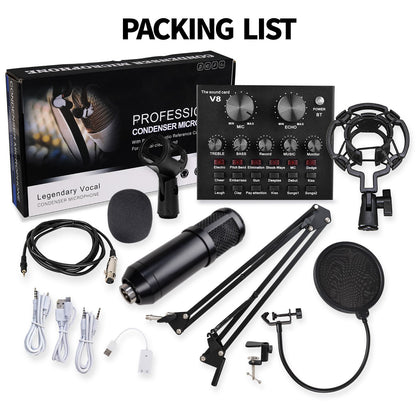 V10 Bm-800 Podcast Condenser Microphone Set With Live Sound Card, Rechargeable 12 Kinds Of Auxiliary Background For Karaoke Singing, Youtube Recording Mic