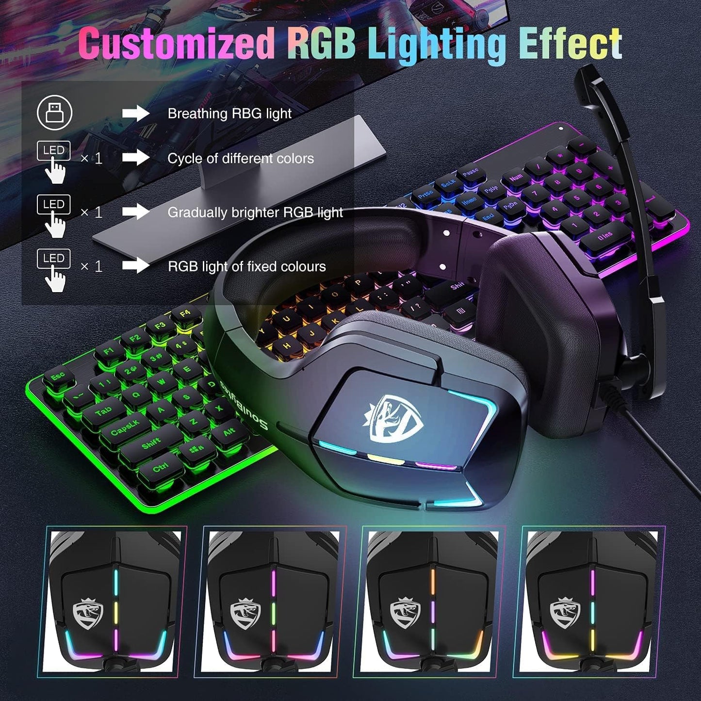 Soulbytes S12 Ps4 Ps5 Pc Xbox One Switch With Microphone Dynamic Rgb Led Effect 3.5mm Wired Stereo Bass Over Ear Mic Gaming Headphones