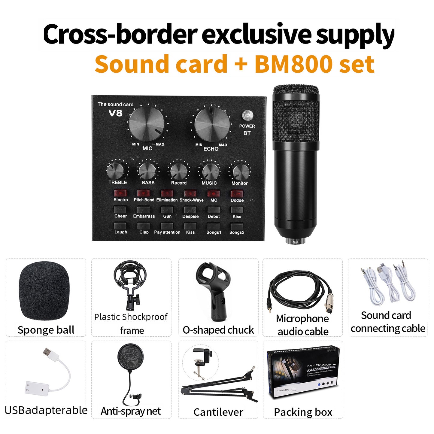 V10 Bm-800 Podcast Condenser Microphone Set With Live Sound Card, Rechargeable 12 Kinds Of Auxiliary Background For Karaoke Singing, Youtube Recording Mic