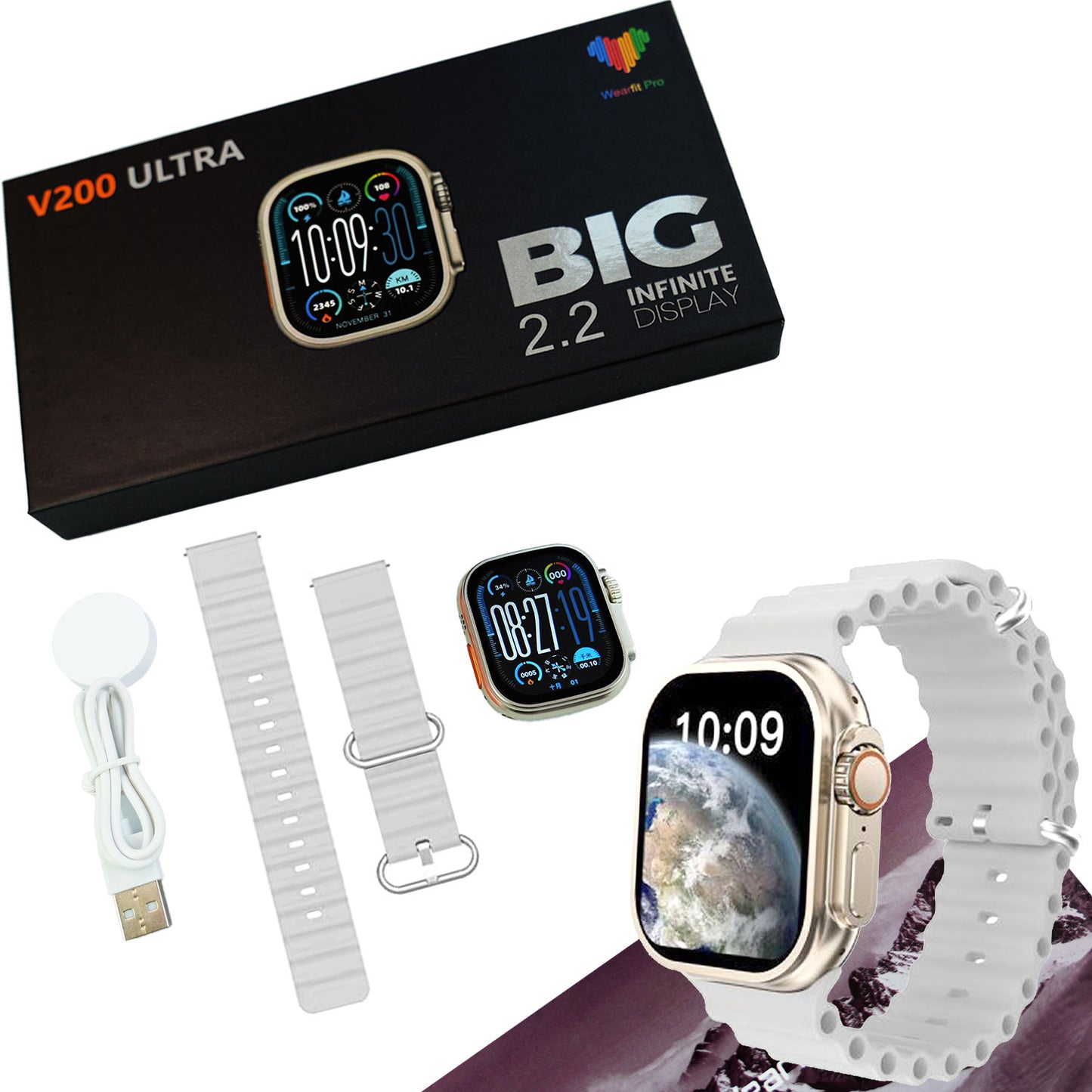 V200 New Fashion Ultra 2.2 Large Screen Ip68 Waterproof Sport Smart Watch With Wearfit Pro App Black