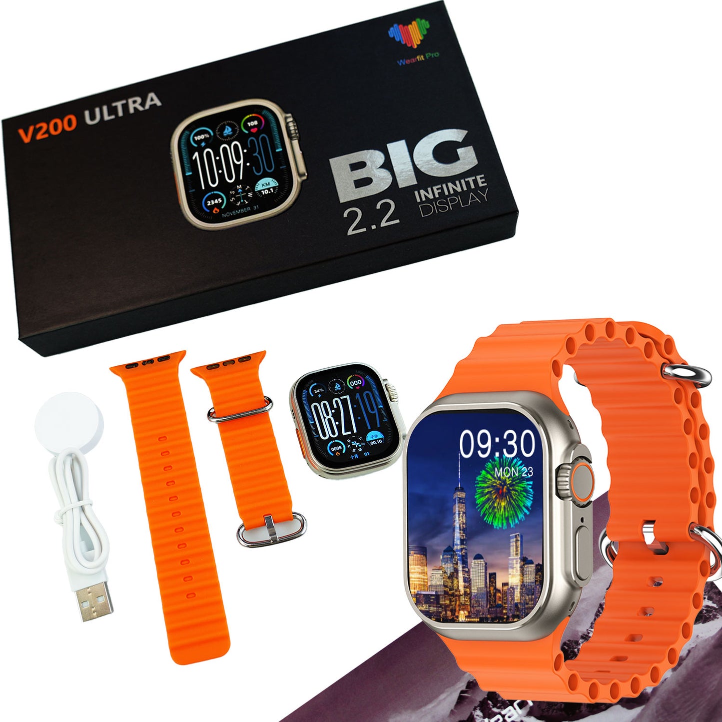 V200 New Fashion Ultra 2.2 Large Screen Ip68 Waterproof Sport Smart Watch With Wearfit Pro App Black